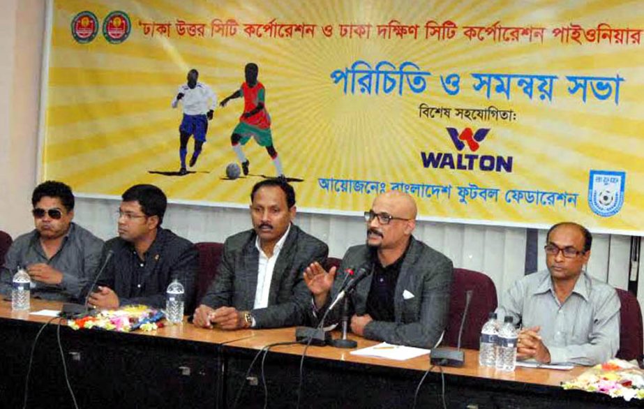 Deputy Minister for Youth and Sports Arif Khan Joy addressing a press conference at the conference room of Bangladesh Football Federation House on Tuesday.