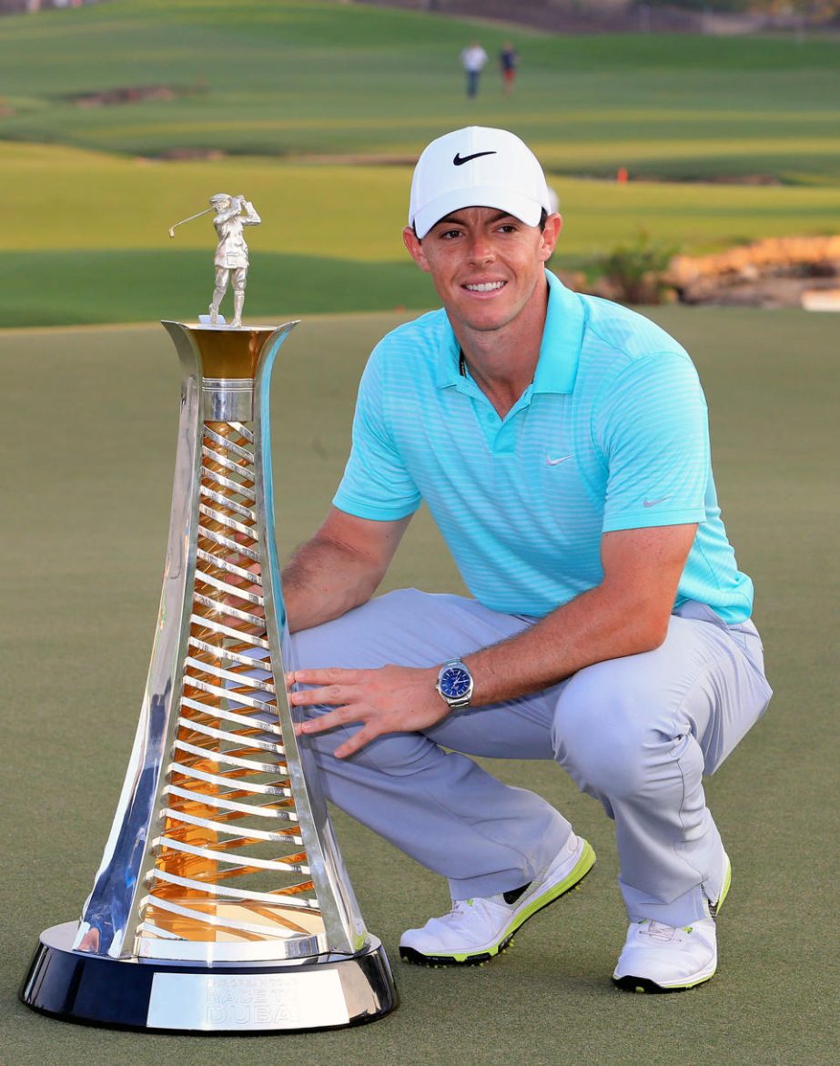 Rory McIlroy of Northern Ireland holds the Race to Dubai trophy at the DP World Golf Championship in Dubai, United Arab Emirates on Sunday.