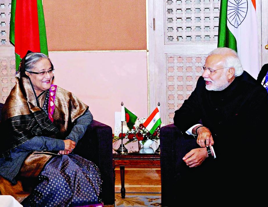 Prime Minister Sheikh Hasina holds talks with Indian Premier Norendra Modi at Kathmandu on Wednesday. PID photo