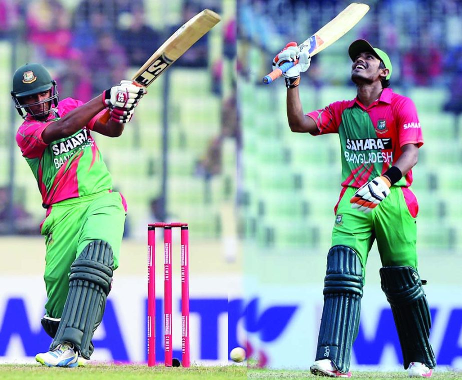 Bangladesh cricketer Mohammad Mahmudullah (L) plays a huge shot while Anamul Haque (R) celebrates scoring a half century during the third ODI match between Bangladesh and Zimbabwe at the Sher-e Bangla National Stadium in Mirpur on Wednesday.