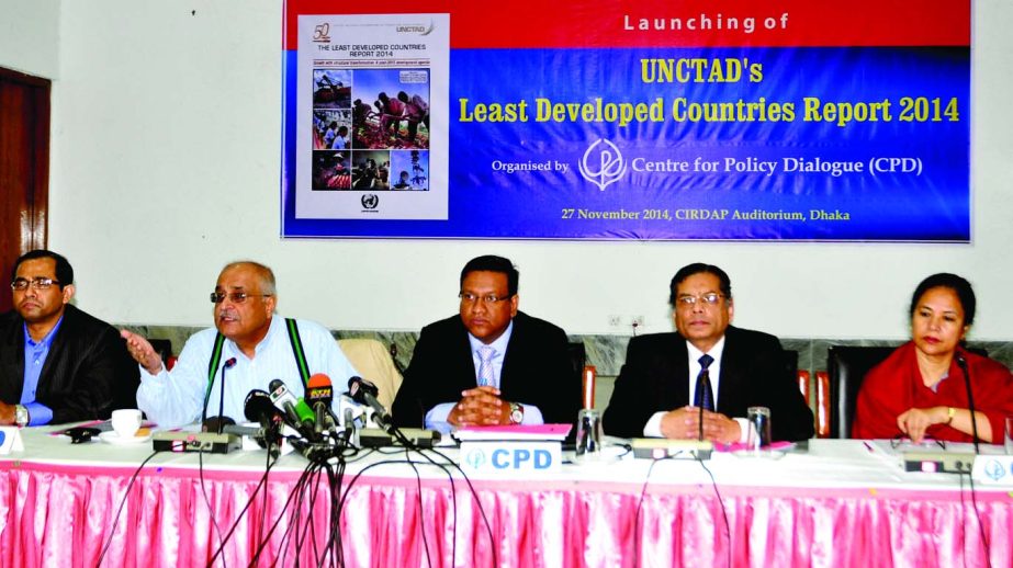 Economist Dr Debapriya Bhattacharya addressing the launching ceremony of UNCTAD's Least Developed Countries Report-2014 organised by Centre for Policy Dialogue (CPD) at CIRDAP auditorium on Thursday.