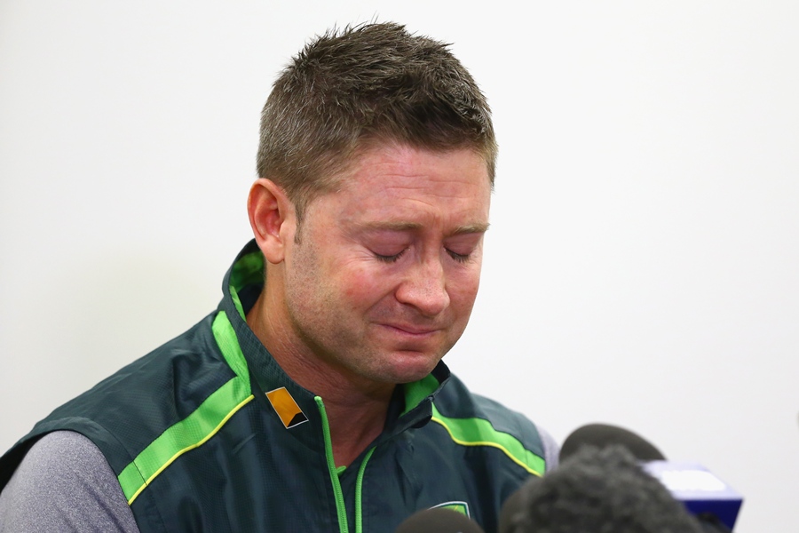 An emotional Michael Clarke speaks to the media two days after the death of Phillip Hughes at Sydney on Saturday.