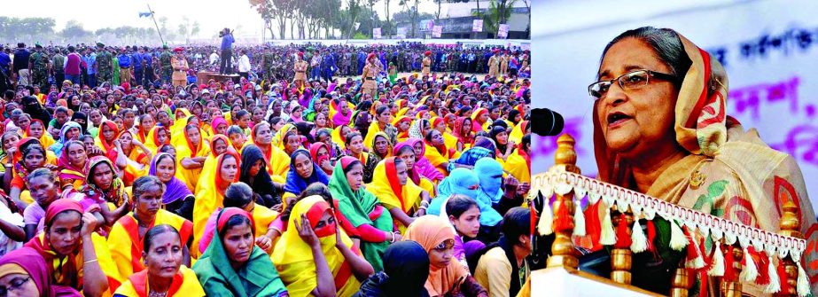 Prime Minister Sheikh Hasina addressing a huge rally of 14-party alliance at Habiganj New Field on Saturday.