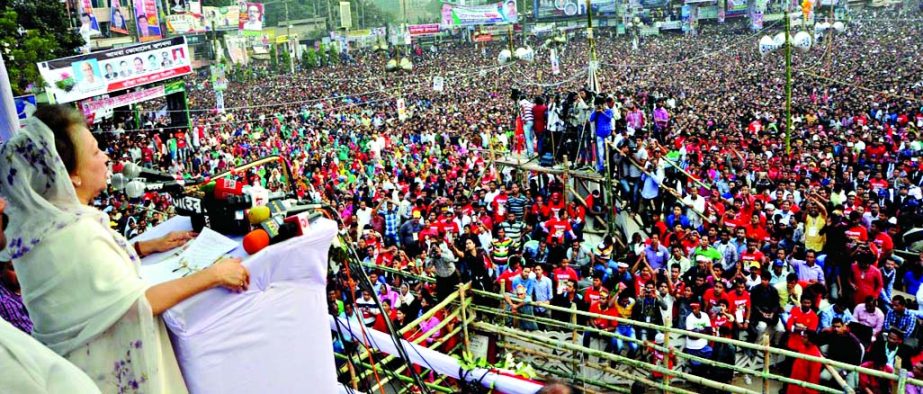 BNP Chairperson Begum Khaleda Zia addressing a mammoth rally organised by 20-party alliance at the Comilla Town Hall Maidan on Saturday.