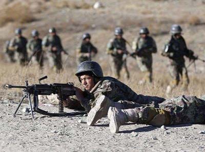 Afghan National Army (ANA) soldiers take part in a training exercise at a military base in Kabul.