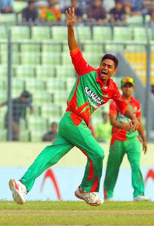 Taijul Islam celebrates after completing his hat-trick at the Sher-e Bangla National Cricket Stadium in Mirpur on Monday.