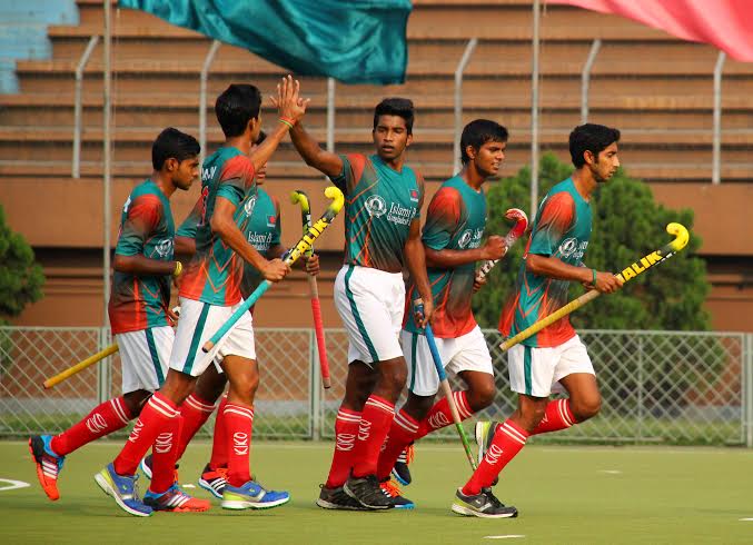 A moment of the match of Men's Junior AHF Cup Hockey Qualifiers between Bangladesh and Thailand at Moulana Bhashani National Hockey Stadium on Tuesday.