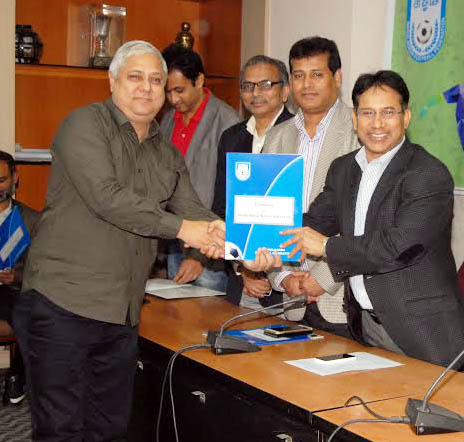 Senior Vice-President of Bangladesh Football Federation (BFF) and Chairman of the Professional Football League Committee of BFF Abdus Salam Murshedy handing over the Club Licensing Certificate of BPL clubs to a representative of BPL club at the BFF House