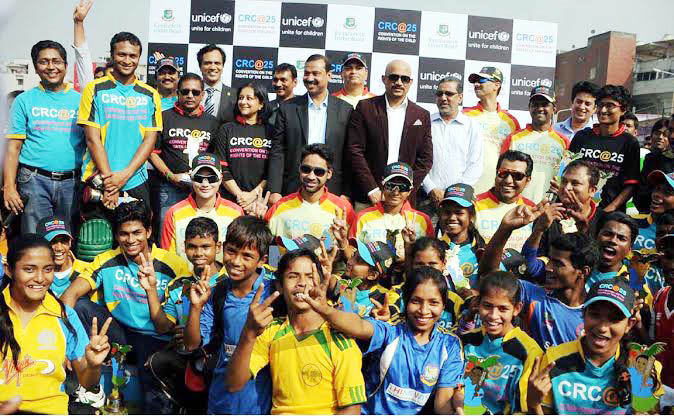 Photo shows on Tuesday the participants of 'Children Fix Adults', a friendly cricket match arranged by Bangladesh Cricket Board to mark the 25th Anniversary of the Convention on the Rights of the Child (CRC), UNICEF Bangladesh at the Sahara-BCB National