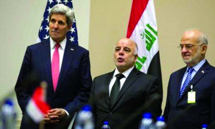 (L-R) US Secretary of State John Kerry, Iraqi Prime Minister Haider al-Abadi and Iraqi Foreign Minister Ibrahim al-Jaafari speak during a meeting prior to a round table session with the global coalition to counter the Islamic State militant group at the N