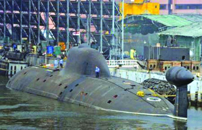 Indian Navy's INS Arihant submarine is pictured at the naval warehouse in the southern Indian city of Visakhapatnam.