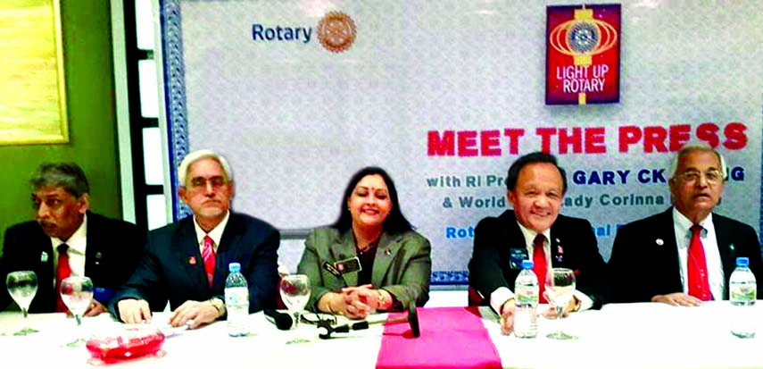 Rotary President Gary CK Huang speaking at a press conference on Wednesday at a hotel in the city. Governor Safina Rahman and other Rotary leaders were present.