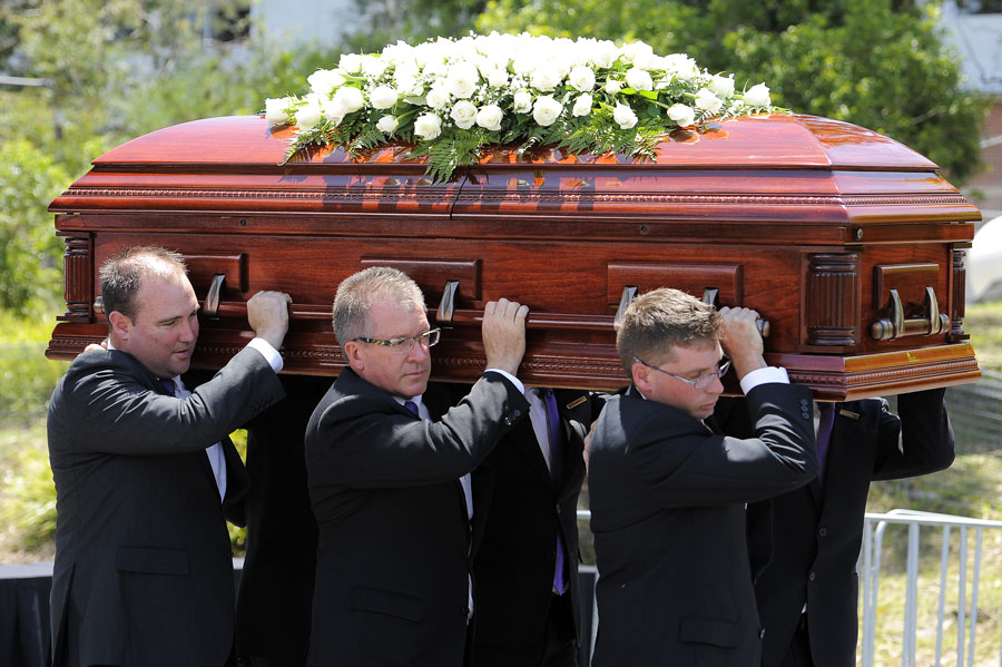 Phillip Hughes' casket arrives ahead of the funeral service in Macksville on Wednesday.