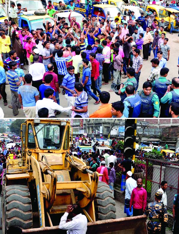 DSCC bulldozer had to turn back (bottom) failing to evict the illegal truck stand at English Road area in city's Old part as truck workers put up tough resistance on Wednesday.