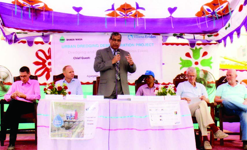 Dhaka WASA Managing Director Engr Taqsem A Khan speaking at the inauguration of Urban Dredging Demonstration Project at its seminar room in the city on Wednesday.