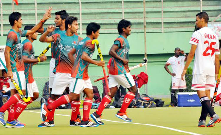 Players of Bangladesh Hockey team celebrate after scoring goal against Oman in the Islami Bank Men's Junior AHF Cup Qualifiers at the Moulana Bhashani National Hockey Stadium on Thursday.