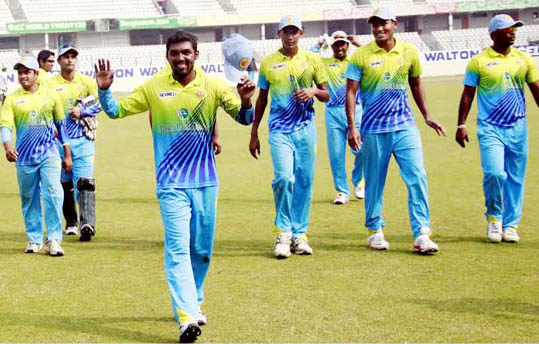 Players of Dhaka Abahani Limited coming out from the field after beating Victoria Sporting Club in Dhaka Metropolis Premier Division Cricket League at Sher-e-Bangla National Cricket Stadium in Mirpur on Thursday.