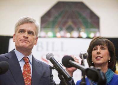 Republican US Representative Bill Cassidy addresses supporters with his wife Laura after winning the run-off election for US Senate against Democrat Mary Landrieu in Baton Rouge, Louisiana on Saturday..