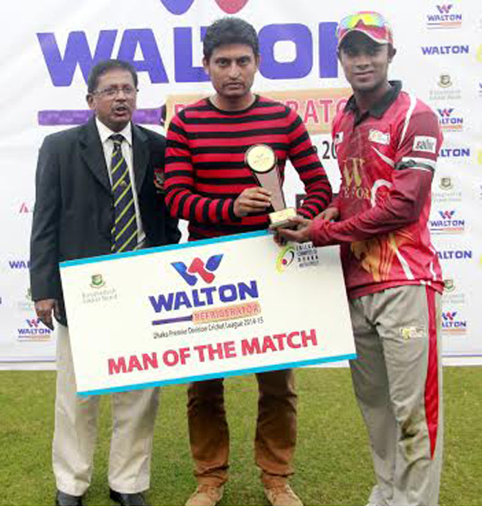 Sabbir Rumman of Kalabagan Cricket Academy receiving Man of the Match award on Sunday.