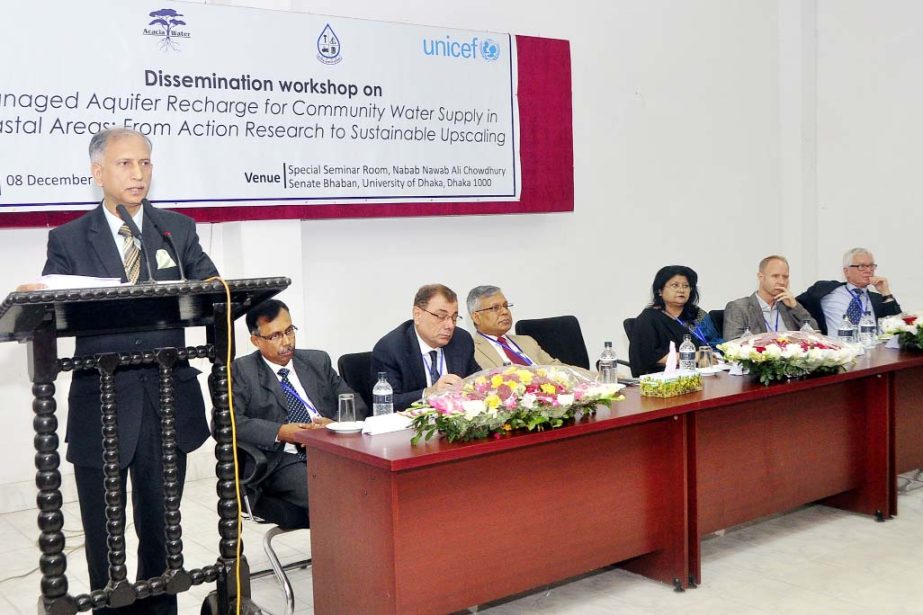 Dhaka University Vice Chancellor Prof Dr AAMS Arefin Siddique addressing a day-long dissemination workshop on water supply in coastal areas at the Nabab Nawab Ali Chowdhury Senate Bhaban auditorium on Monday.