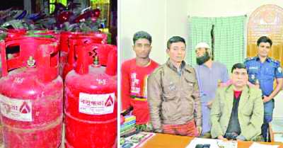 COMILLA: Spurious gas cylinders with Bashundhara LP gas label seized in Comilla on Monday (left). The arrestees (right) responsible for the crime.