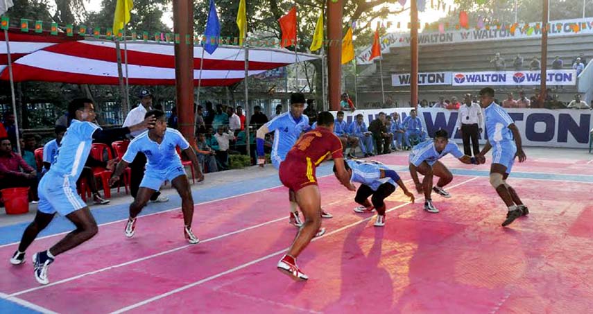 A scene from the match of the Victory Day Kabaddi Competition held at the Kabaddi Stadium on Tuesday.