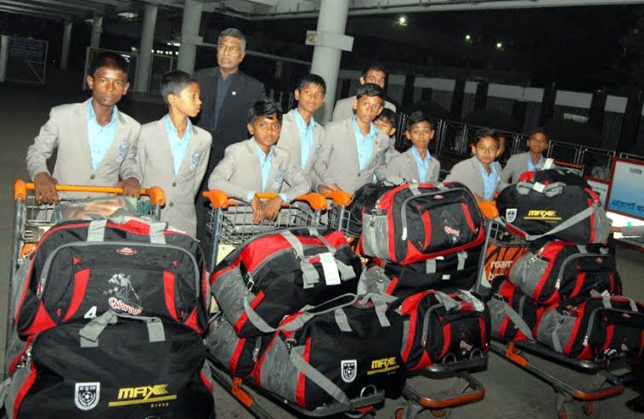 Members of Bangladesh Under-12 Football team returned home at the Shahjalal International Airport on Monday.