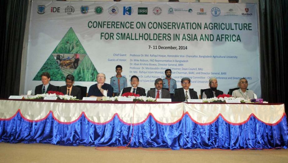 Bangladesh Agricultural University Vice-chancellor Prof Dr Md Rafiqul along with others at the Conservation Agriculture Conference in the university on Monday.