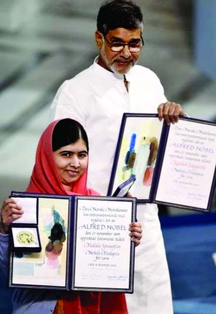 Malala Yousafzai and Kailash Satyarthi receive the Nobel peace prize awards jointly on Wednesday.