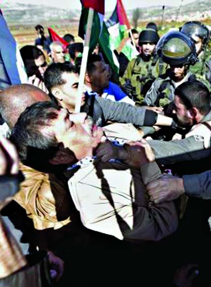Palestinian minister Ziad Abu Ein (L) attacked by an Israeli border policeman near the West Bank city of Ramallah December 10.