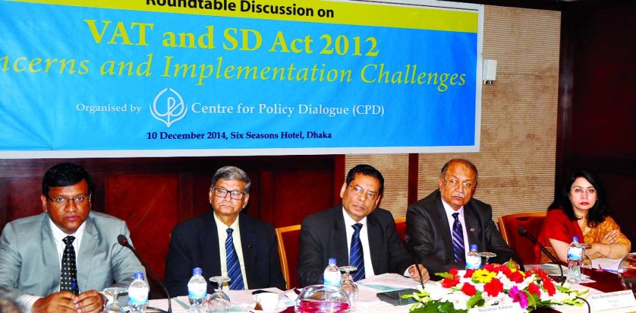 FBCCI President Kazi Akram Uddin Ahmed speaking at a roundtable on "VAT and SD Act 2012: Concerns and Implementation Challenges"" organised by the Centre for Policy Dialogue at a hotel in Dhaka on Wednesday."