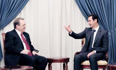 President Bashar al-Assad Â® meeting with Russian Deputy Foreign Minister Mikhail Bogdanov in Damascus on Wednesday.