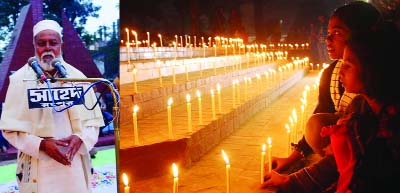 RANGPUR: City Mayor Sarfuddin Ahmed Jhantu addressing candle -lit ceremony as Chief Guest organised by Gaurober Prantor at the central Shaheed Miner premises in Rangpur to observe the 134th birth anniversary of Begum Rokeya on Tuesday.
