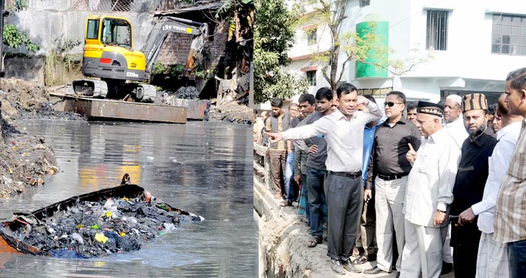 CCC Mayor M Monzoor Alam visiting canal digging and removal of wastes from Chandgaon Khal in the city on Wednesday.