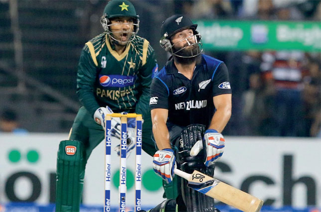 Anton Devcich of New Zealand plays a shot during the second ODI against Pakistan on Friday.