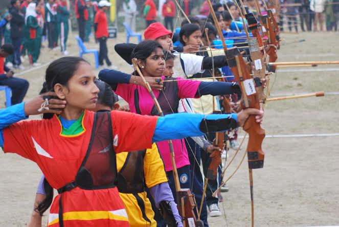 An action from the Victory Day Open Archery Competition at the Paltan Maidan on Saturday.