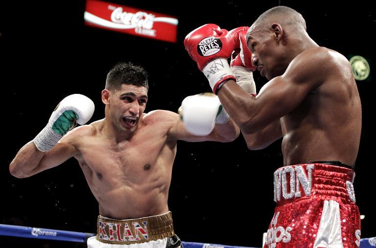 Amir Khan and Devon Alexander during their WBC Silver Welterweight bout at the MGM Grand Garden Arena in Las Vegas, Nevada on Saturday.