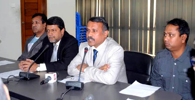 General Secretary of Bangladesh Hockey Federation Khawja Rahmatullah addressing a press conference at the Auditorium of National Sports Council Tower on Sunday.