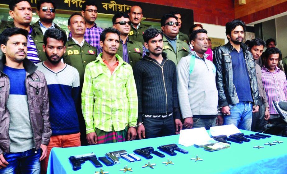 DB police in separate drives arrested seven persons including four robbers and three arms traders with seven pistols, ammo, motor cycles and Taka 45 thousand in cash from different areas of the city on Sunday.