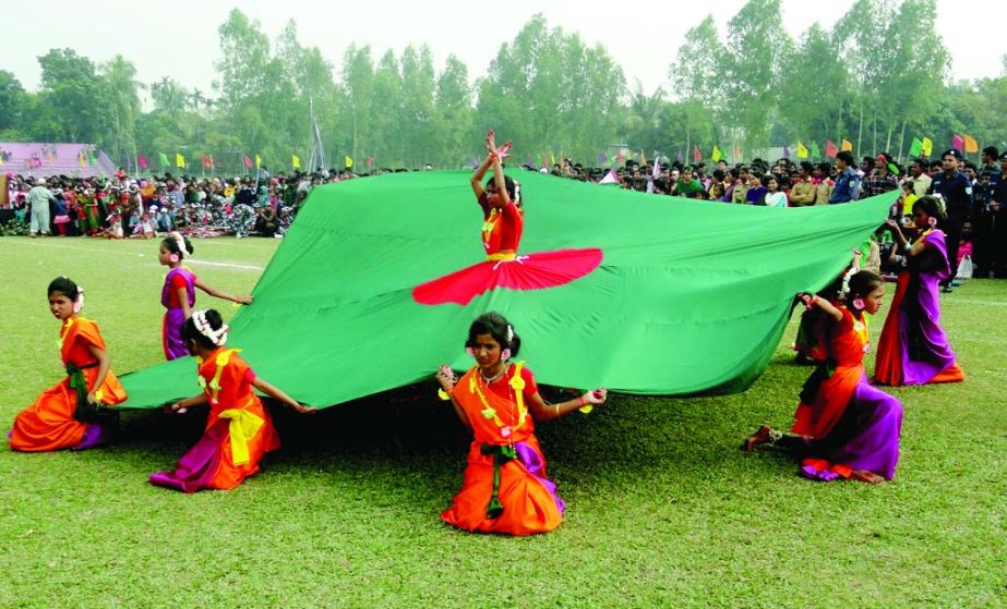 GAIBANDHA: A colourful display using national flag at Gaibandha Shah Abdul Hamid Stadium to mark the Victory Day on Tuesday.