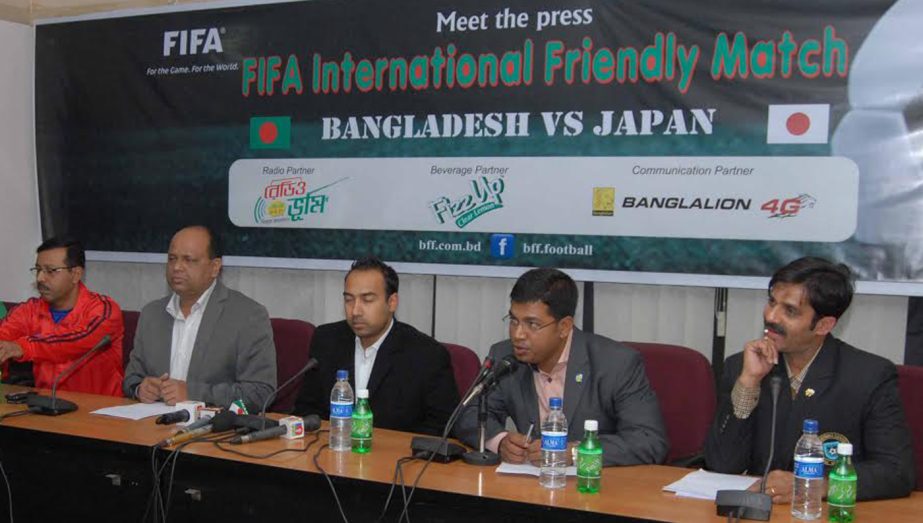 General Secretary of Bangladesh Football Federation Md Abu Nayeem Shohag addressing a press conference at the conference room of Bangladesh Football Federation House on Wednesday.