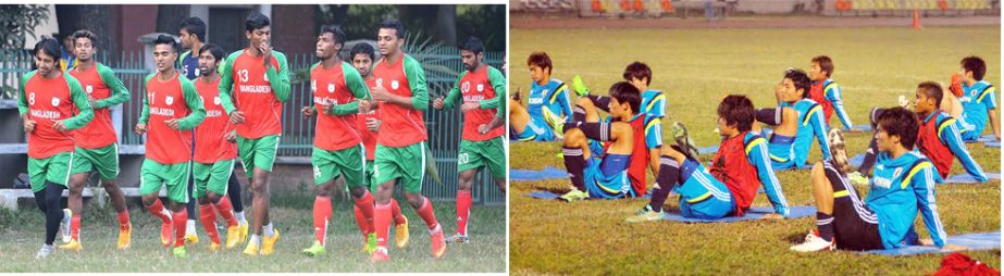 Players of Bangladesh National Football team (left) and players of Japan Under-21 team (right) during their practice session at the cityâ€™s different venue on Wednesday. Bangladesh play with Japan today.