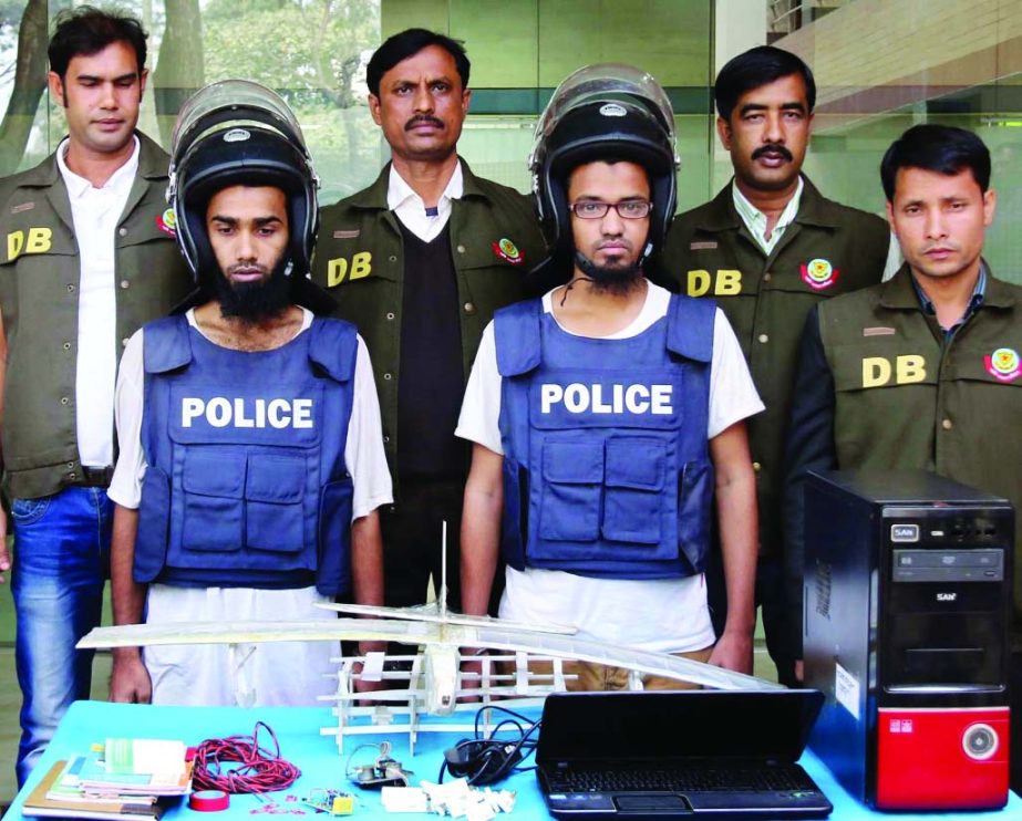 Two members of Ansarullah Bangla Team were arrested by DB police from city's Jatrabari area along with structure of Drone plane on Wednesday.