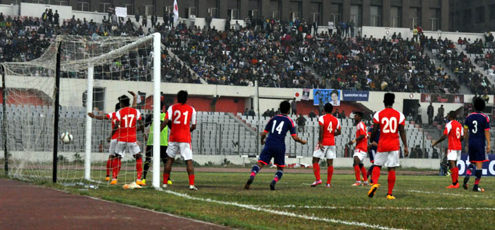 A scene from the FIFA international friendly football match between Bangladesh National Football team and Japan Under-21 Football team at the Bangabandhu National Stadium on Thursday.