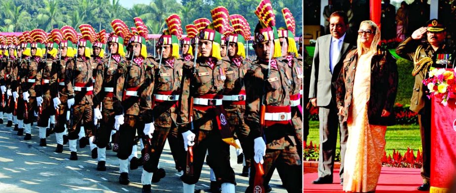 Prime Minister Sheikh Hasina at the march past programme at Peelkhana HQ on the occasion of â€˜BGB Dibash-2014â€™ on Saturday.