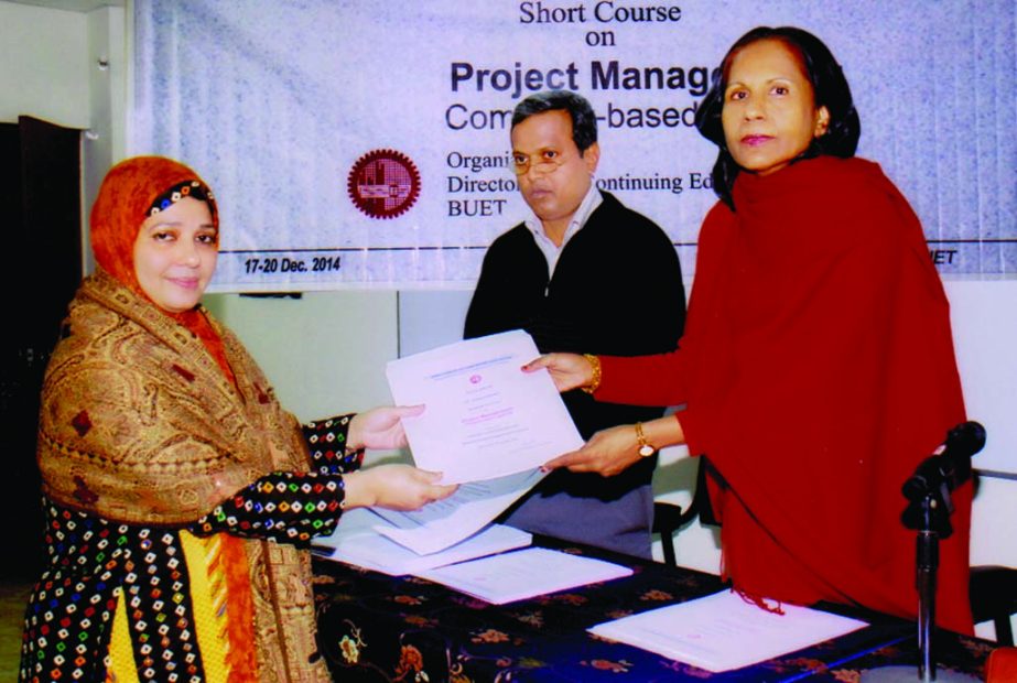 Prof Khaleda Ekram, Vice-Chancellor, BUET handing over certificates among the participants of a 4-day long training course on 'Project Management: Computer Based Approach' organized by the Directorates of Continuing Education (DCE), BUET on Saturday at