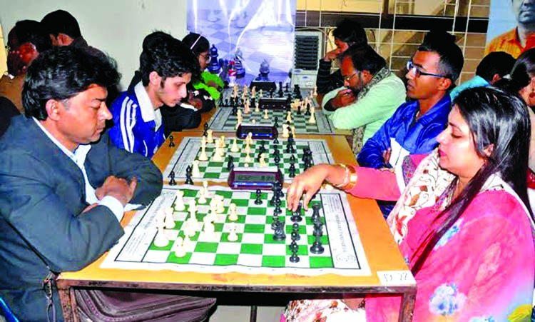 Two-day long Walton Home Apparels Victory Day International Chess Tournament began at the Chess Federation room on Sunday. A scene from the first day tournament.