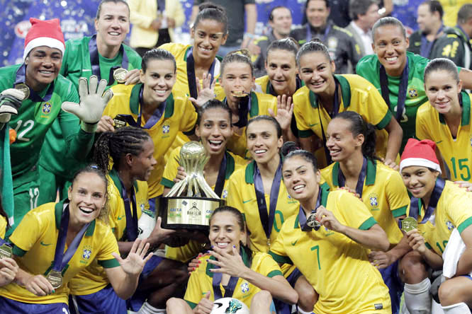 Brazil's women's soccer team celebrates winning the championship title of the International Women's Football Tournament at the National Stadium in Brasilia, Brazil on Sunday.