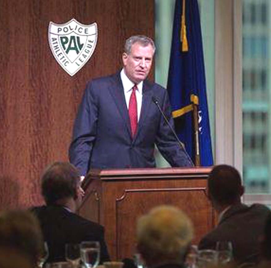New York City Mayor Bill de Blasio speaks during the Police Athletic League December Luncheon in Manhattan, New York on Monday.