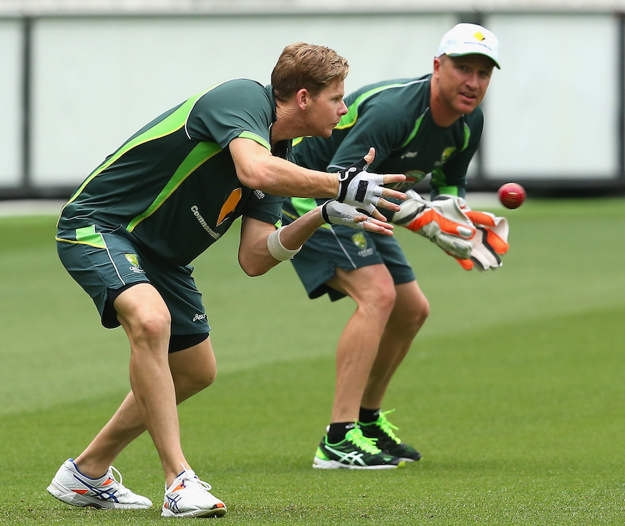 Steve Smith of Australia catches the ball during an Australian training session at Melbourne Cricket Ground in Melbourne, Australia on Tuesday.